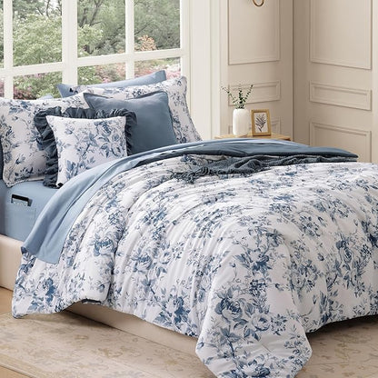 Oversized Queen Comforter Set -7 Pieces Floral Rain Washed Bedding Set for All Seasons, Bed in a Bag with Botanical Flowers Comforter, Sheets, Pillowcases & Shams