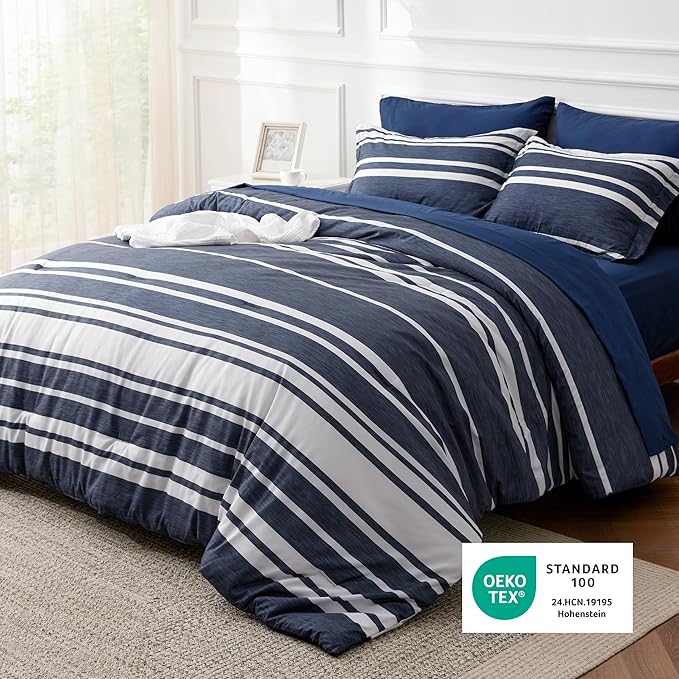 Bedsure King Comforter Set 7 Pieces, Blue Striped Bedding Set for All Seasons, Reversible, Cationic Dyeing Bed in a Bag with Comforter, Sheets, Pillowcases & Shams