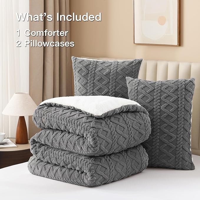 Andency Fluffy Sherpa King Comforter Set Grey, Super Soft Gray Fleece Warm Bedding for Winter, Luxury Jacquard Boho Thick Fuzzy Plush Bed Set 3 Pieces(1 Shaggy Comforter, 2 Pillowcases)