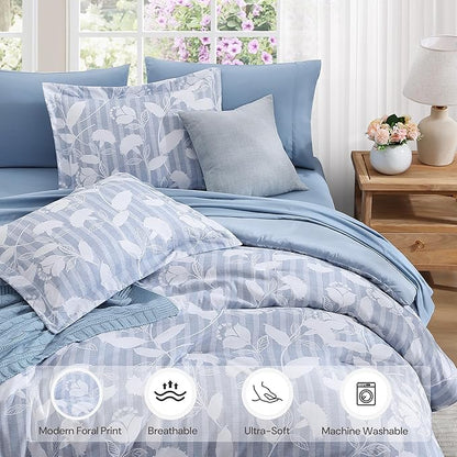 Full Comforter Set -7 Pieces Blue Floral Comforter Set for All Seasons, Bed in a Bag Full with Botanical Flowers Comforter, Sheets, Pillowcases & Shams