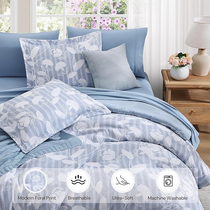Queen Comforter Set -7 Pieces Blue Floral Comforter Set for All Seasons, Bed in a Bag Queen with Botanical Flowers Comforter, Sheets, Pillowcases & Shams