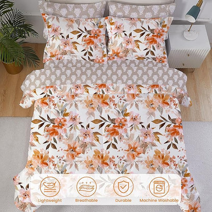 Floral King Comforter Set with Sheets, 7 Piece Luxury Vintage Bedding, Soft Microfiber Bed in a Bag, Cozy Lightweight Bed Set, Burnt Orange Flower Brown Leaf Fall