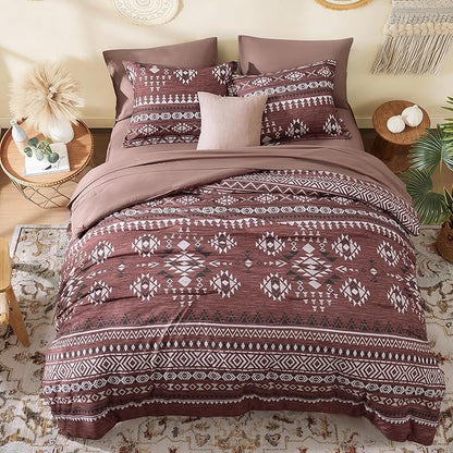 Geniospin Queen Comforter Set - 7 Pieces Bedding Set, Boho Bed in A Bag, Lightweight Soft Aztec Bedding, All Season Bed Comforter Set with Sheets, Pillowcases & Shams