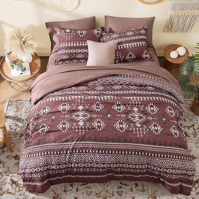 Geniospin King Size Comforter Set- 7 Pieces Boho Bed in a Bag, Western Bedding Set for All Seasons, Soft Aztec Bedding, Lightweight Comforter Bed Set with Sheets, Pillowcases & Shams