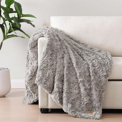 UGG Adalee Faux Fur Throw Blanket Luxury Lightweight Cozy Soft Throw for Couch Bed or Chair Hypoallergenic Machine Washable Double-Sided Fluffy Blanket Home Decor, 50-inch x 70-inch, Seal Grey