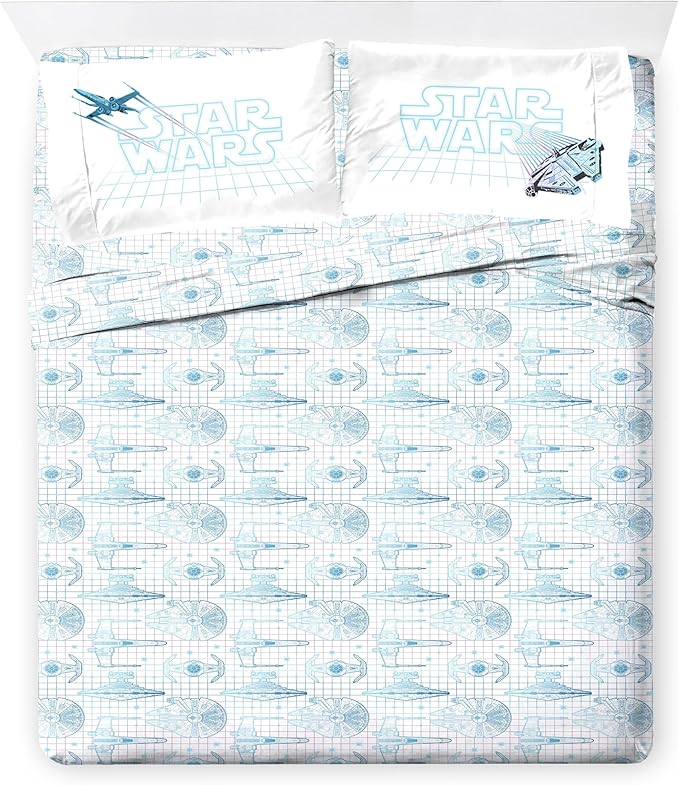 Jay Franco Kids Comforter Set Includes Sheets and Pillow Covers - Soft and Cozy Bed Set for Stylish Room Decor, Blue - Star Wars 02, 7 Piece Queen Size Bedding