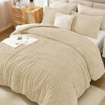 Andency Fleece Queen Comforter Set, 3 Pieces Beige Comforter Set for Queen Size Bed, Soft Warm Cream Fluffy Fuzzy Luxury Bedding Set for Winter (1 Comforter & 2 Pillowcases)