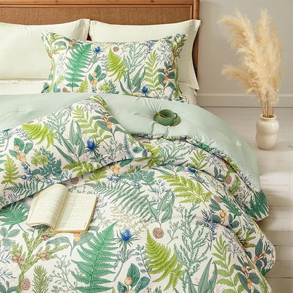 King Comforter Set - 3 Pieces Botanical Bedding Comforter Set, 1 Soft White Green Plant Flowers Comforter (104"x90") and 2 Pillow Shams(20"x36") Ultra-Soft Comfort Suitable for All Seasons