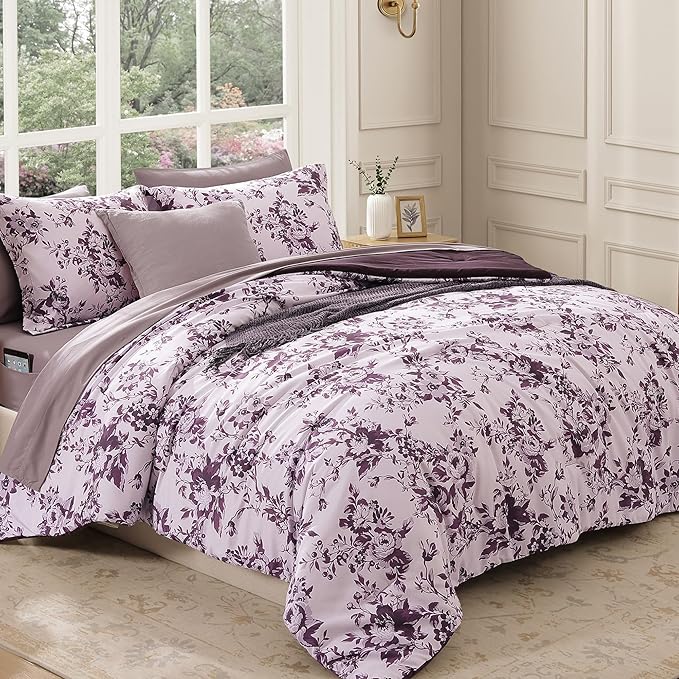 Twin XL Comforter Set -5 Pieces Floral Deep Purple Bedding Set for All Seasons, Bed in a Bag with Botanical Flowers Comforter, Sheets, Pillowcase & Sham