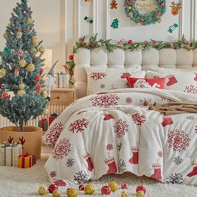 Christmas Sherpa Comforter Set King Size 3 Pieces Holiday Winter Bedding Microfiber Warm Fleece Comforter with 2 Pillow Shams - Thanksgiving New Year Gift Choice with Red Snowflake n Xmas Socks
