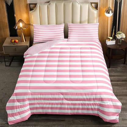 Pink Striped Comforter Set for Kids Girls Red White Stripe Bedding Set Full Farmhouse Ticking Stripes Women Reversible Down Comforter Decor Horizontal Stripes Geometric Lines Lightweight Duvet Set