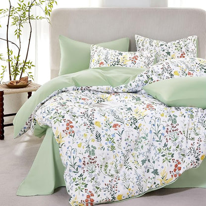 Wake In Cloud - Floral Comforter Set, Shabby Chic Cottage Garden Botanical Flower Style with Elegant Wildflower Pattern, Soft Lightweight Bedding, 3 Pieces, Multicolor Green, Twin/Twin XL Size