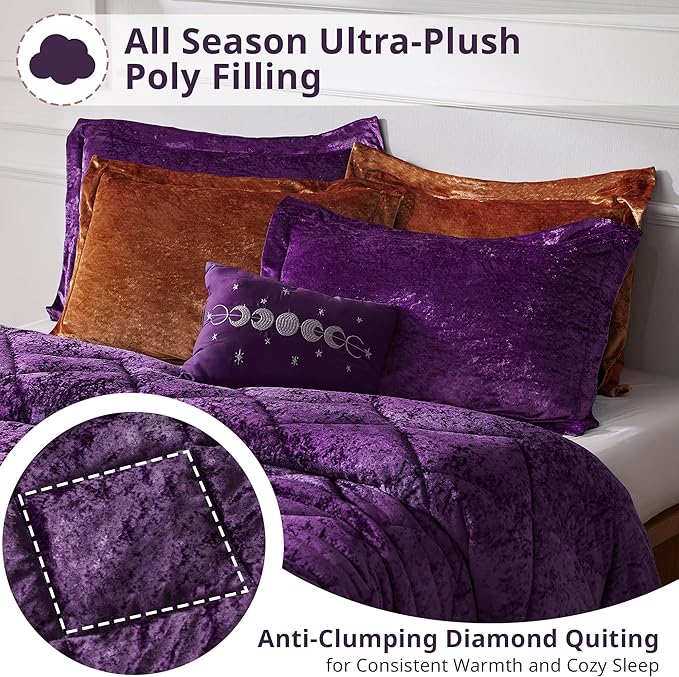 Intelligent Design Twin Comforter Set, Velvet Comforter Set , Luxury Diamond Quilting Comforter Set, Fluffy Comforter Bed Set with Decorative Pillowand 1 Sham, 3 Piece Purple, Twin/Twin XL
