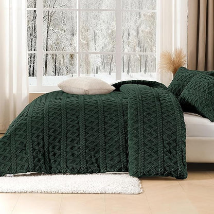 Andency Fluffy Sherpa King Comforter Set Dark Green, Super Soft Emerald Green Fleece Warm Bedding for Winter, Luxury Jacquard Boho Thick Fuzzy Plush Bed Set 3 Pieces(1 Shaggy Comforter, 2 Pillowcases)