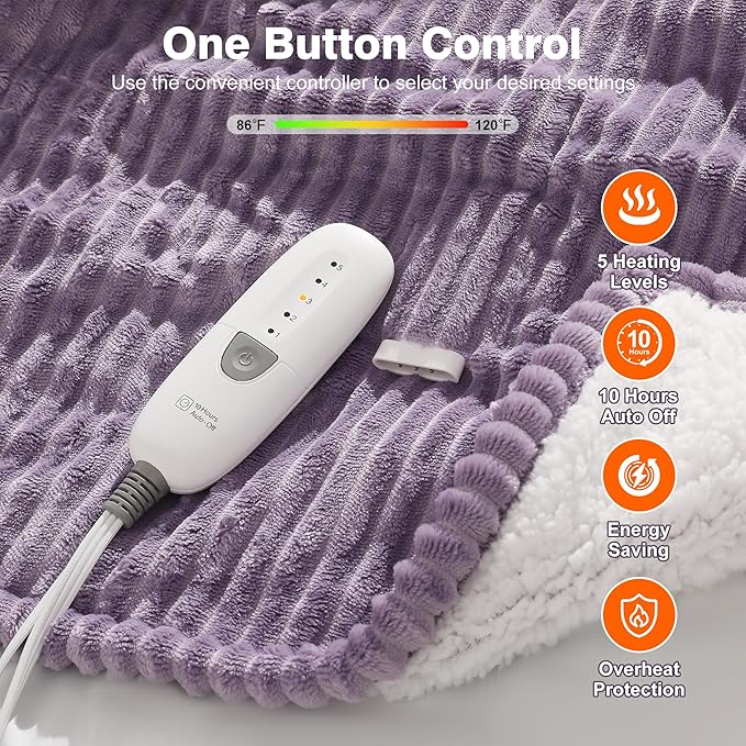 Electric Blanket Twin Heated Blanket 62"x84" Striped Flannel & Thick Sherpa, 5 Heat Settings & 10 Hour Auto Off with FCC/ETL Certified, Overheat Protection & Machine Washable, Lavender