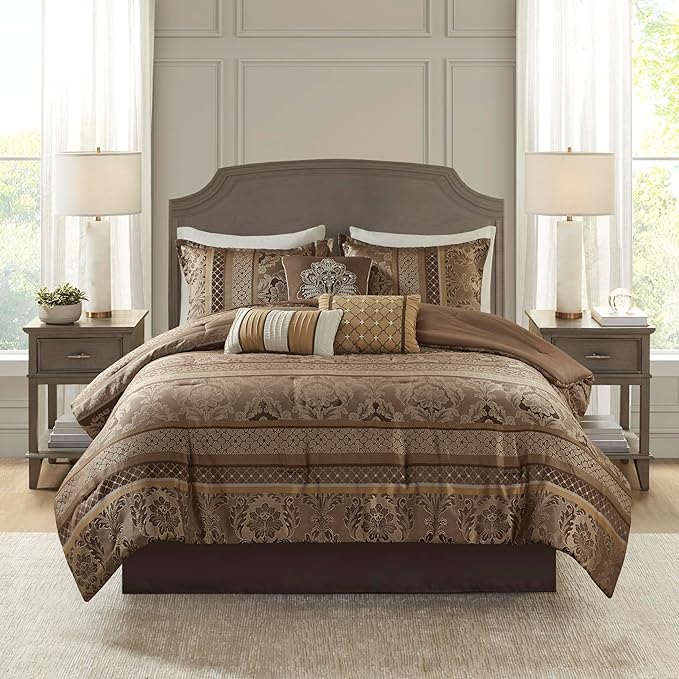 Madison Park Bellagio Cozy Comforter Set - Luxurious Jaquard Traditional Damask Design, All Season Down Alternative Bedding with Matching Shams, Decorative Pillow, Queen(90"x90"), Brown/Gold 7 Piece