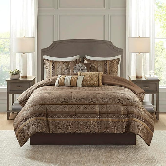 Madison Park Bellagio Cozy Comforter Set - Luxurious Jaquard Traditional Damask Design, All Season Down Alternative Bedding with Matching Shams, Decorative Pillow, Queen(90"x90"), Brown/Gold 7 Piece