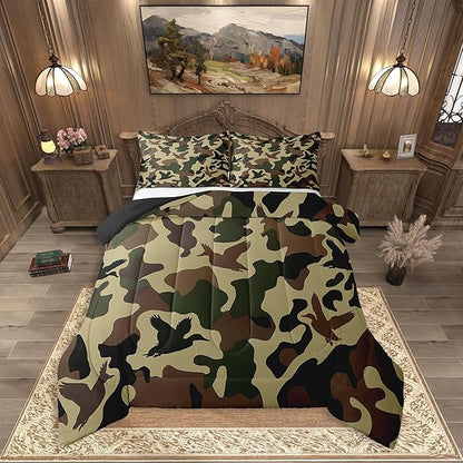 Erosebridal Farmhouse Comforter Set Full Size Camo Bedding for Kids Army Camouflage Hunting Bedding Comforter Sets Vintage Brown Green Room Decor Wild Animal Duck Rustic Duvet Insert