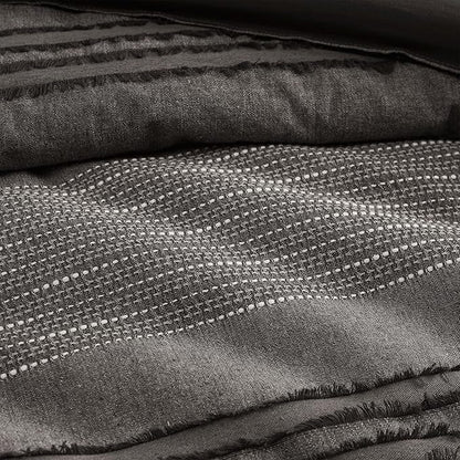 Wonderful Dark Grey Comforter Set Queen Size, Yarn Dyed Farmhouse Striped Cotton Lightweight Boho Comforter with Pillow Shams, Halloween Bedding, Fluffy Bedding Set for All Season