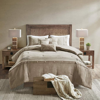 Madison Park Boone Cozy Comforter Set, Faux Suede, Deluxe Hotel Styling All Season Down Alternative Bedding Matching Shams, Decorative Pillow, California King (104 in x 92in), Rustic Tan 7 Piece