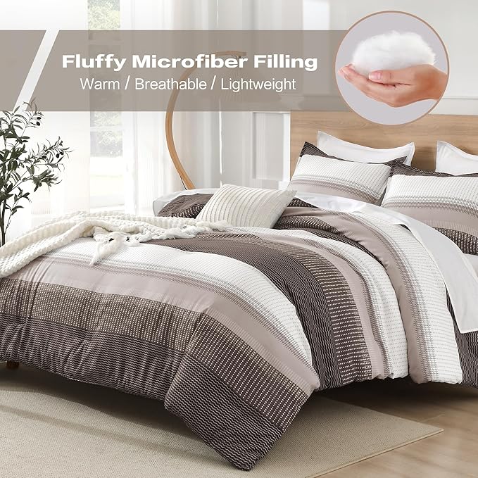Litanika Comforter Set Full Size Chocolate - 3 Pieces Lightweight Colorblock Stripe Fluffy Bedding Comforter Sets, All Season Bed Set