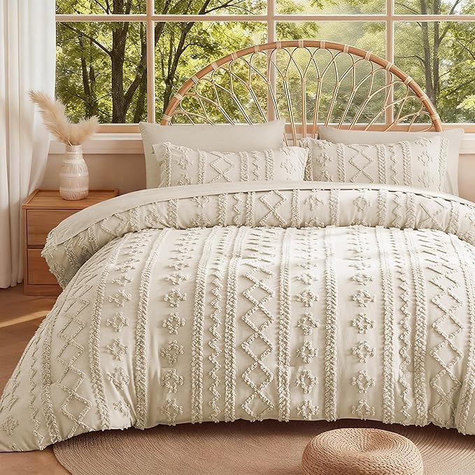 MR&HM Twin XL Comforter Set Beige, 5 Pieces Tufted Boho Beddding Sets, Farmhouse Style Bed in a Bag with 1 Comforter, 1 Pillow Sham, 1 Pillowcase, 1 Flat Sheet, 1 Fitted Sheet for College Dorm