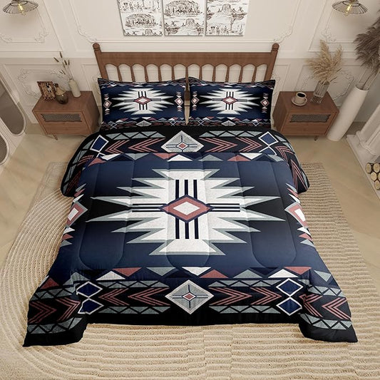 Southwestern Comforter Set Twin Size,Geometric Aztec Tribal Arrow Striped Bedding Set,Kids Adult Rustic Farmhouse Western Quilt Set Dark Blue Red Vintage Bohemian Duvet Insert,1 Pillowcase