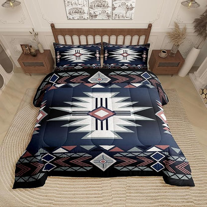 Southwestern Comforter Set Full Size,Rustic Farmhouse Western Bedding Set,Kids Adult Geometric Aztec Tribal Arrow Striped Quilt Set Dark Blue Red Vintage Bohemian Duvet Insert,2 Pillowcases