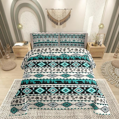 Southwest Tribal Style Bear Wild Animals Comforter/Duvet Set King Size,Green Aztec Pattern Ultra Soft Bed Collection,Ethnic Geometric Stripes Bedding for Room Decor 3 Pcs,Microfiber Breathable