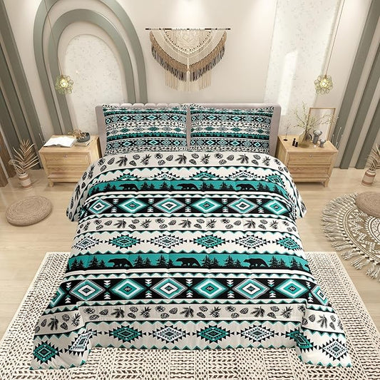 Green Aztec Pattern Twin Size Comforter Set,Southwest Tribal Style Bear Wild Animals Quilt Set Soft Bed Collection,Ethnic Geometric Stripes Bedding Comforter for Boys Girls Room Decor,2 Pcs