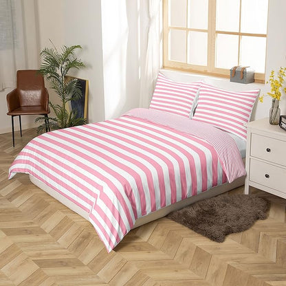 Pink Striped Comforter Set for Kids Girls Red White Stripe Bedding Set Full Farmhouse Ticking Stripes Women Reversible Down Comforter Decor Horizontal Stripes Geometric Lines Lightweight Duvet Set