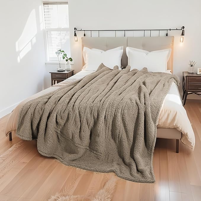Electric Heated Blanket Full Size 72"×84" with 9 Heating Levels & 1-10Hs Auto Off，Double Sided Plush Sherpa, Energy Efficient, Machine Washable, for Couch & Bed, Light Brown
