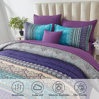 Boho Comforter Set California King Size 8 Piece Bed in a Bag Bohemian Striped Bedding Quilt Set Aqua Paisley Floral Comforter and Sheet Set,Soft Microfiber Complete Bedding Sets for All Season