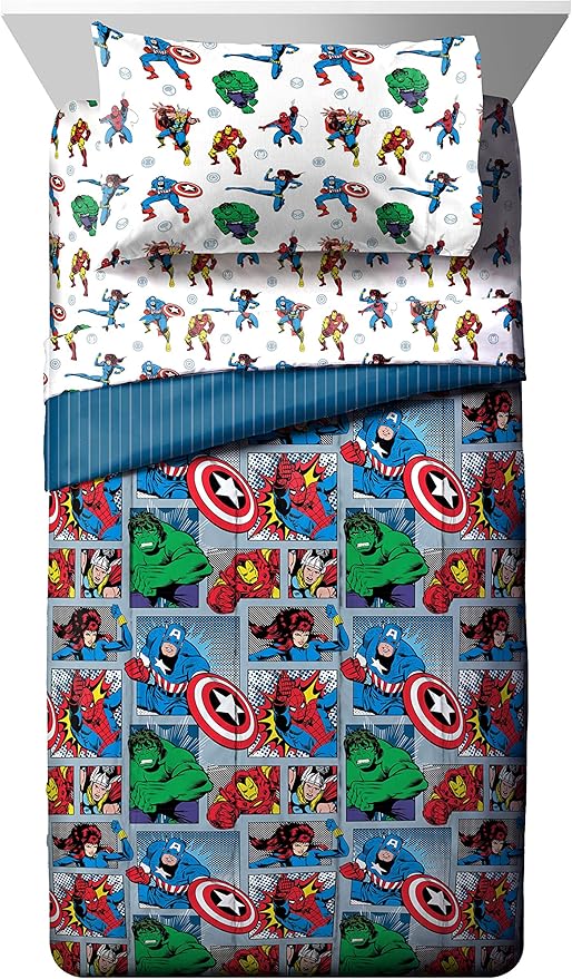 Jay Franco Marvel Avengers Fighting Team 4 Piece Twin Bed Set - Includes Reversible Comforter & Sheet Set Bedding - Super Soft Fade Resistant Microfiber (Official Marvel Product)