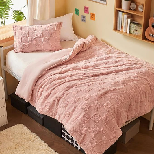 Joiedomi Tufted Twin Comforter Set, 2 Pieces Coral Pink Boho Twin Bedding Set with 1 Plaid Geometric Comforter and 1 Pillow Sham, Checkered Bed in a Bag for All Seasons