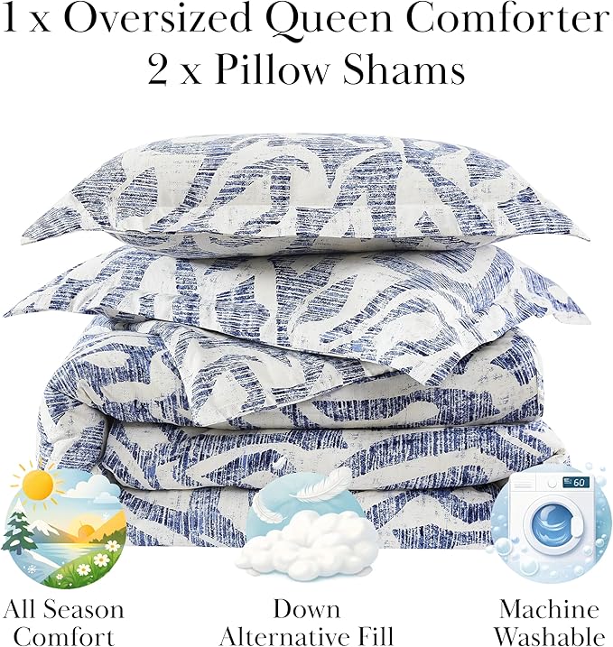 Southshore Fine Living, Inc. Full/Queen Sized Comforter Bedding Set, Down Alternative Floral Comforter with Matching Shams, Modern Abstract Prints Bed Spread, Fits Full & Queen Beds, Blue Khari