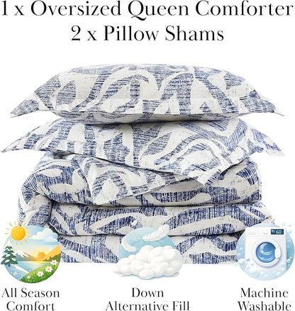 Southshore Fine Living, Inc. Full/Queen Sized Comforter Bedding Set, Down Alternative Floral Comforter with Matching Shams, Modern Abstract Prints Bed Spread, Fits Full & Queen Beds, Blue Khari