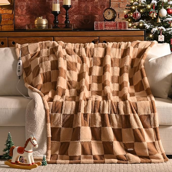 Bearhug Heated Throw Blanket 50" × 60", Electric Blanket Reversible Brown Plaid Sherpa, 4h Auto-Off Timer & 6 Heating Levels, Reversible Heated Throw, ETL Certified, Machine Washable, Gift Box