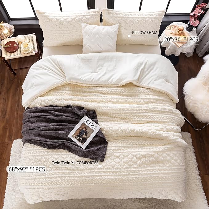 COTTEBED Fluffy Warm Sherpa Comforter Set Twin Bed, Boho Tufted Ultra-Soft Thick Twin XL Size Shabby Plush Bedding Down Comforter Sets for Boy Girl Child College Dorm Winter Christmas, Off White Ivory