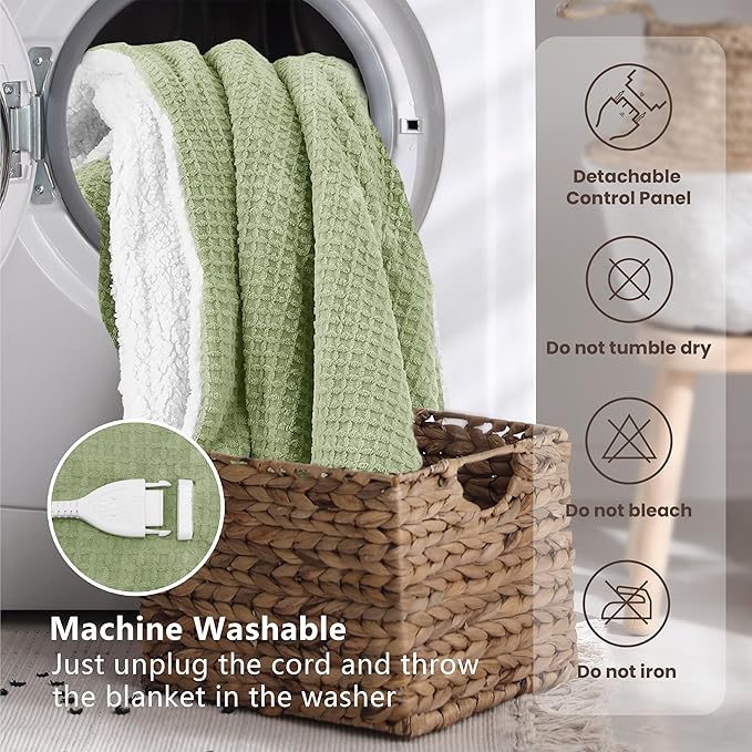 Heated Blanket Electric Throw Waffle, 50x60 Inches Sherpa Fleece Fast Heating Blanket 6 Heating Levels & 4 Hours Auto Off ETL Certification, Sage Throw