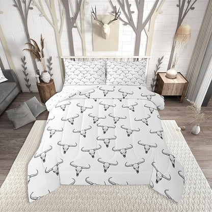 Erosebridal Bull Skull Comforter Set King Ethnic Bohemian Bedding for Men Boys | Tribal Steer Skull Wildlife Aztec Bedroom Decor Farmhouse Cabin Lodge Duvet Insert with 2 Pillow Cases,Black White