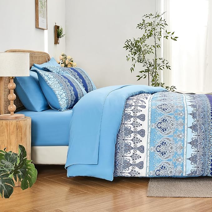 Boho Queen Comforter Set Blue - 7 Pieces Bed in a Bag Floral Striped Comforter and Sheet Set, Soft Microfiber Bohemian Bedding Sets Queen Size for All Season (Blue,Queen)
