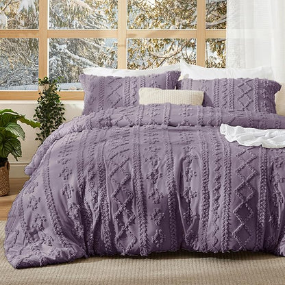 Bedsure Tufted Boho Comforter Set Twin Size - Grayish Purple Boho Bed Set, GentleSoft™ 2 Pieces Farmhouse Shabby Chic Embroidery Bedding, Gifts for Woman, Soft Jacquard Twin Comforter for All Seasons