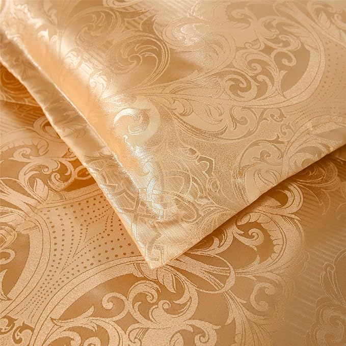 King Size Comforter Set All Season Gold Bedding Comforter Sets Silk Jacquard Bed Set Lightweight Quilt 3pcs Soft Bedding Sets Matching 2 Pillow Shams (King,104-by-90 inches)