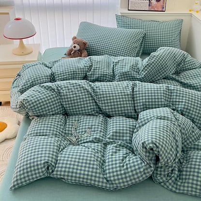mixinni Dark Green Gingham Comforter Set King, Plaid Comforter Set 3 Pieces 1 Teal Grid Comfoter with 2 Pillow Cases for All Seasons, Soft Fluffy Modern Grid Pattern Printed Bedding-King Size