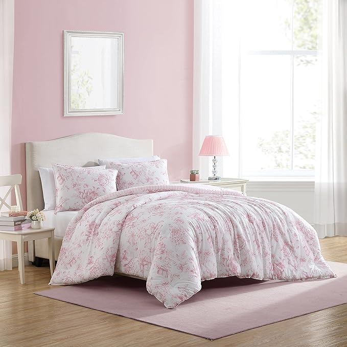 Laura Ashley - Twin XL Comforter Set, Reversible Cotton Bedding with Matching Sham, Medium Weight for Year Round Use, Oeko-Tex Certified, Dorm Essentials, Coquette Room Decor (Delphine Mauve Pink)
