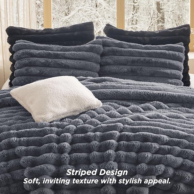Bedsure Faux Fur Queen Comforter Set - Grey Fluffy Comforter Queen Size, Soft and Cozy Shaggy Winter Bedding Comforter Sets, Warm Luxury Fuzzy Bed Set 3 Pieces, 1 Comforter and 2 Pillowcases