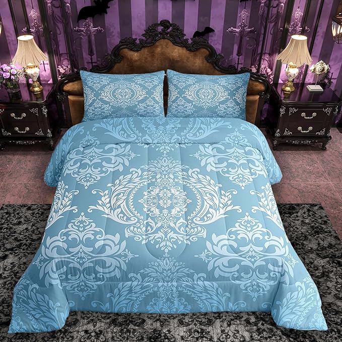 Feelyou Adults Blue Vintage Damask Floral Comforter Set Oriental Antique Comforter King Size Gothic Bohemia Boho Floral Bedding Set Bohemian Exotic Duvet Set Quilt Set 3Pcs