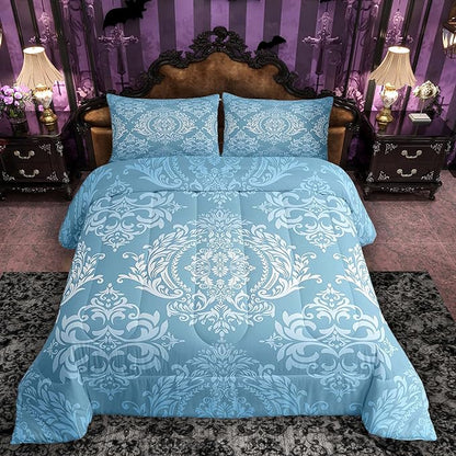Feelyou Adults Blue Vintage Damask Floral Comforter Set Oriental Antique Comforter King Size Gothic Bohemia Boho Floral Bedding Set Bohemian Exotic Duvet Set Quilt Set 3Pcs