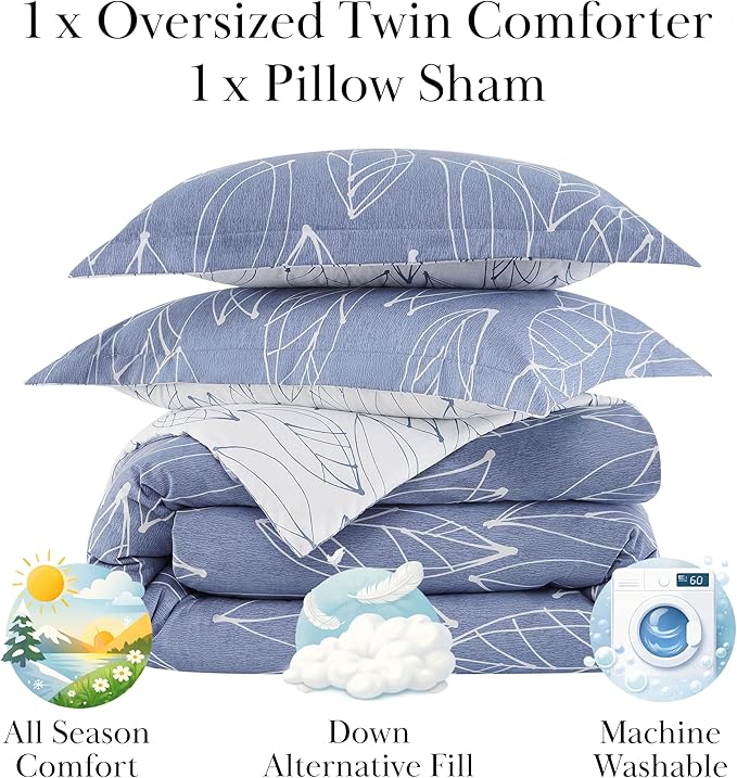 Southshore Fine Living, Inc. Modern Foliage Collection - 2-Piece Twin Bed Comforter Set, Down Alternative Comforter Set, Microfiber Fabric, Twin Bedding Sets Complement Room Décor, Twin/XL, Blue